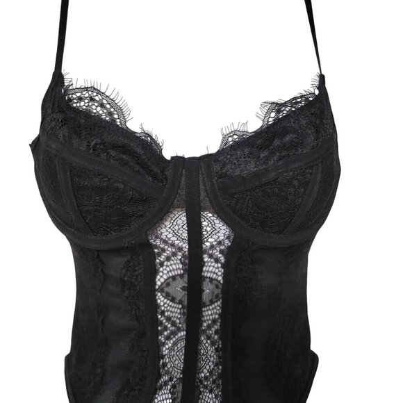 Shein Bae Black Lace Sheer Bodysuit with Adjustable Straps & Snap Closure- S - Picture 2 of 7